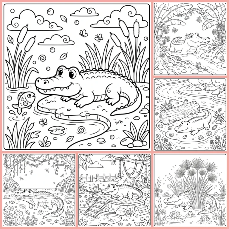 Crocodile coloring page collection preview with playful and nature scenes