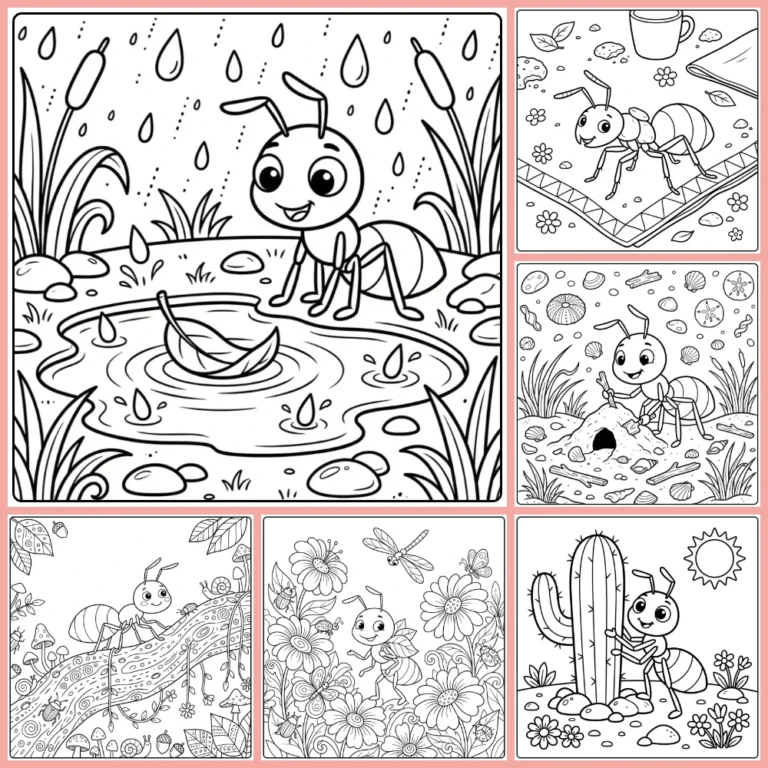 Ant coloring page collection preview with playful insect adventures