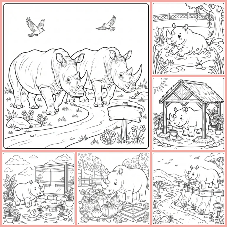 Rhino coloring page collection preview with several rhino scenes