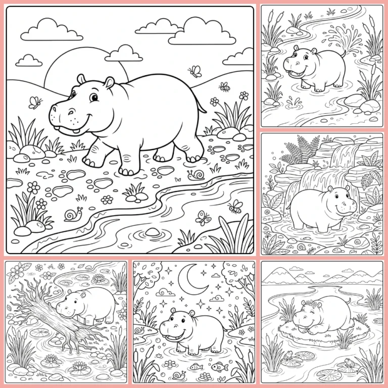 Hippo coloring page collection preview with several hippos