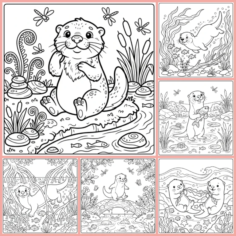 Otter coloring page collection preview with several otter drawings