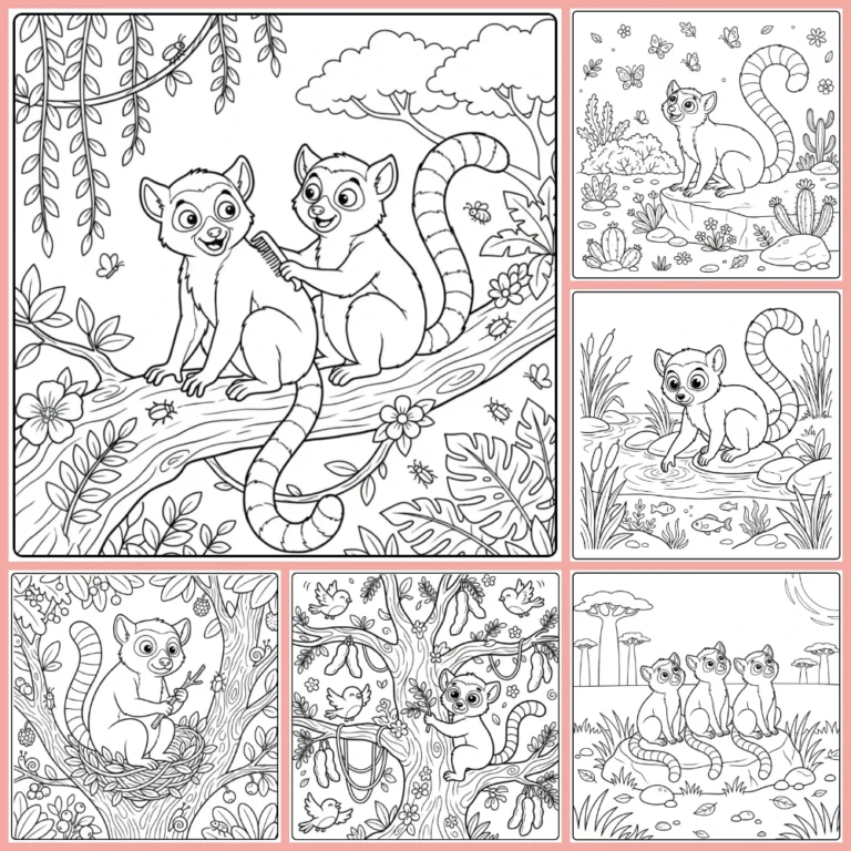 Ring-tailed lemur coloring page collection preview with several lemurs