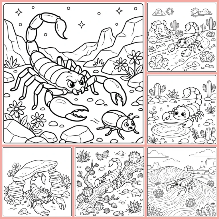 Scorpion coloring page collection preview with desert scenes