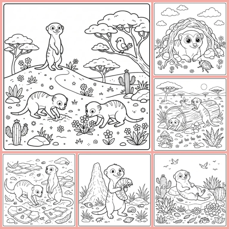 Meerkat coloring page collection preview with several meerkats