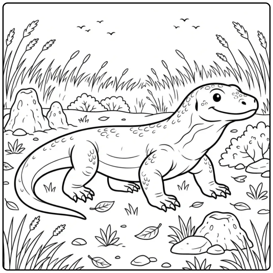 Komodo Dragon coloring page walking through the savanna