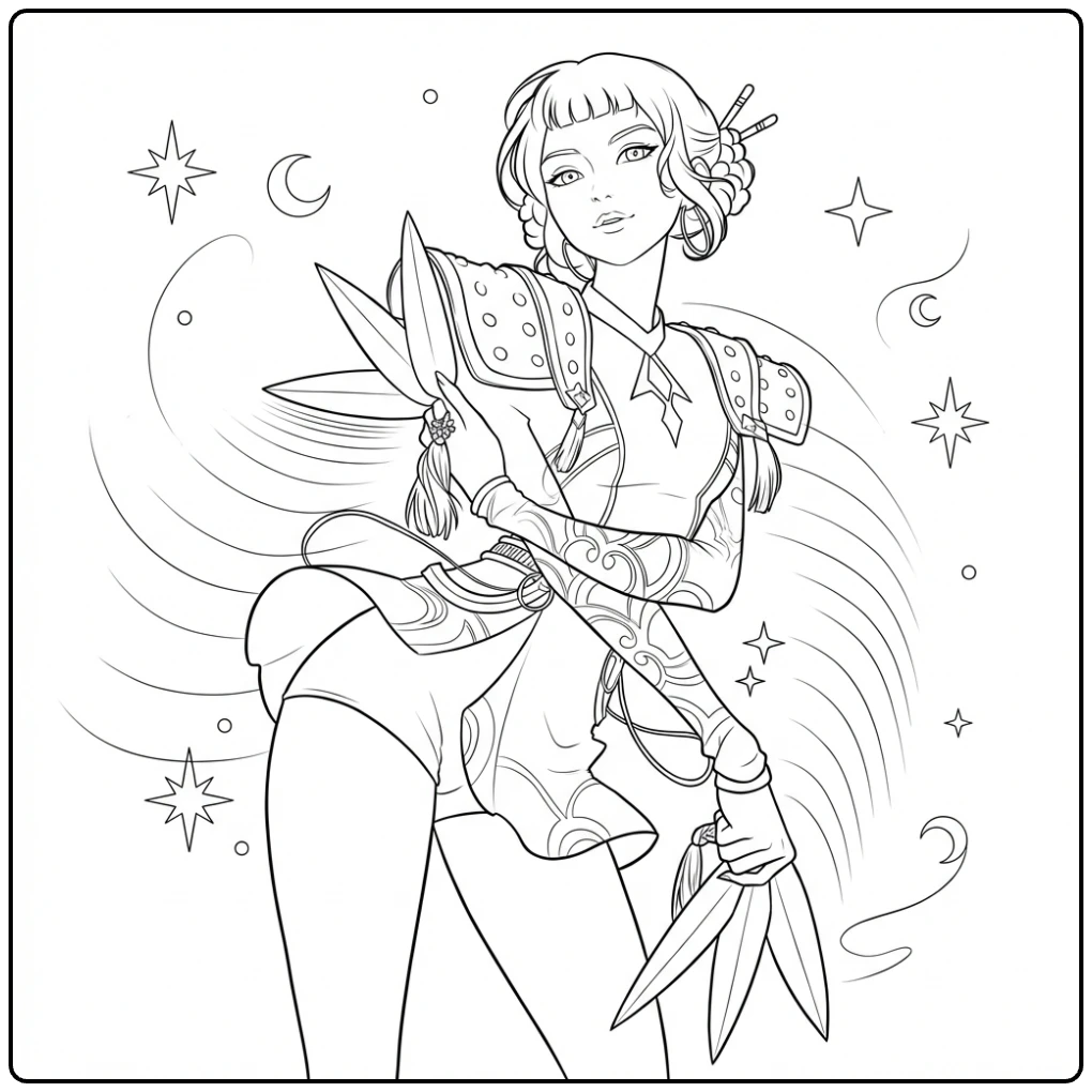 KPop Demon Hunters Zoey coloring page with weapons and stars