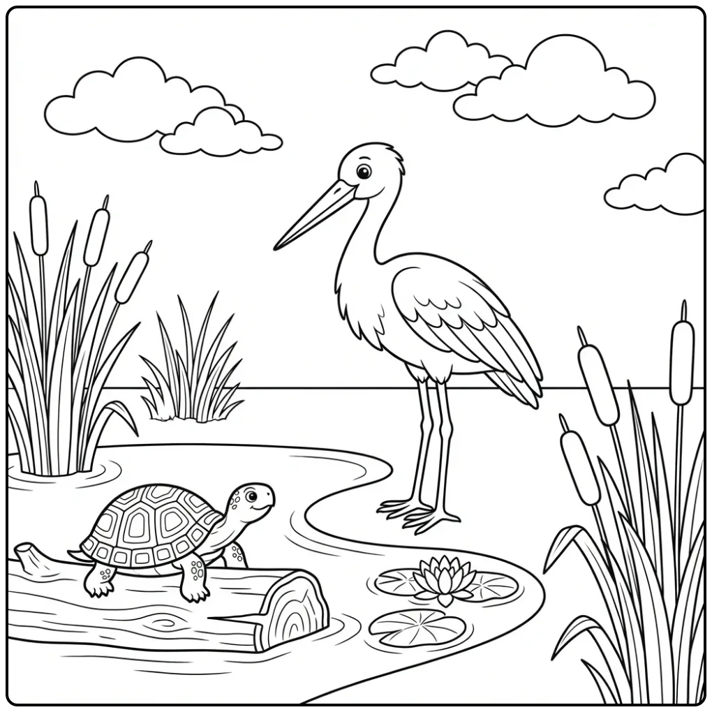 Stork by a Pond with Reeds coloring page