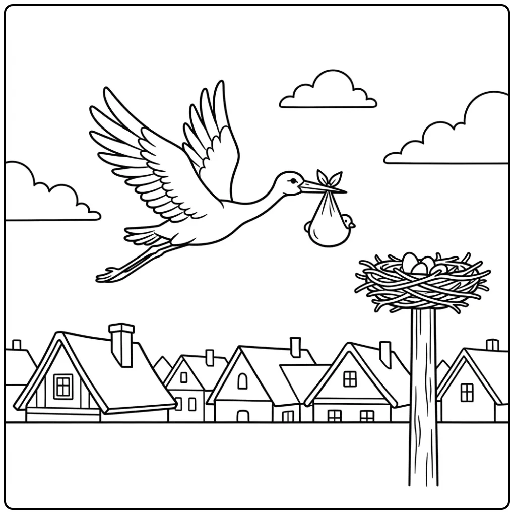 Stork by a Village and Clouds coloring page
