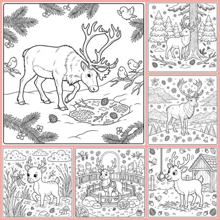 Reindeer coloring page collection preview with several winter reindeer drawings