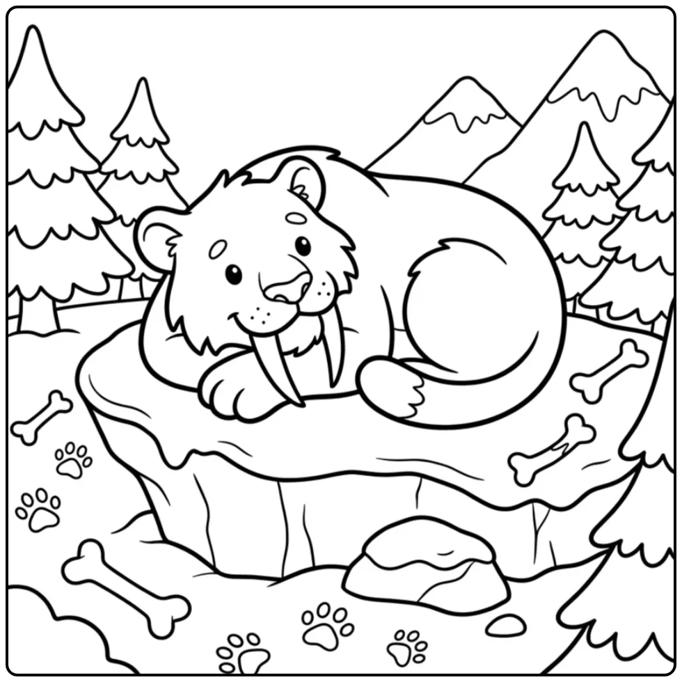 Saber-toothed Tiger Mountains and Snow coloring page