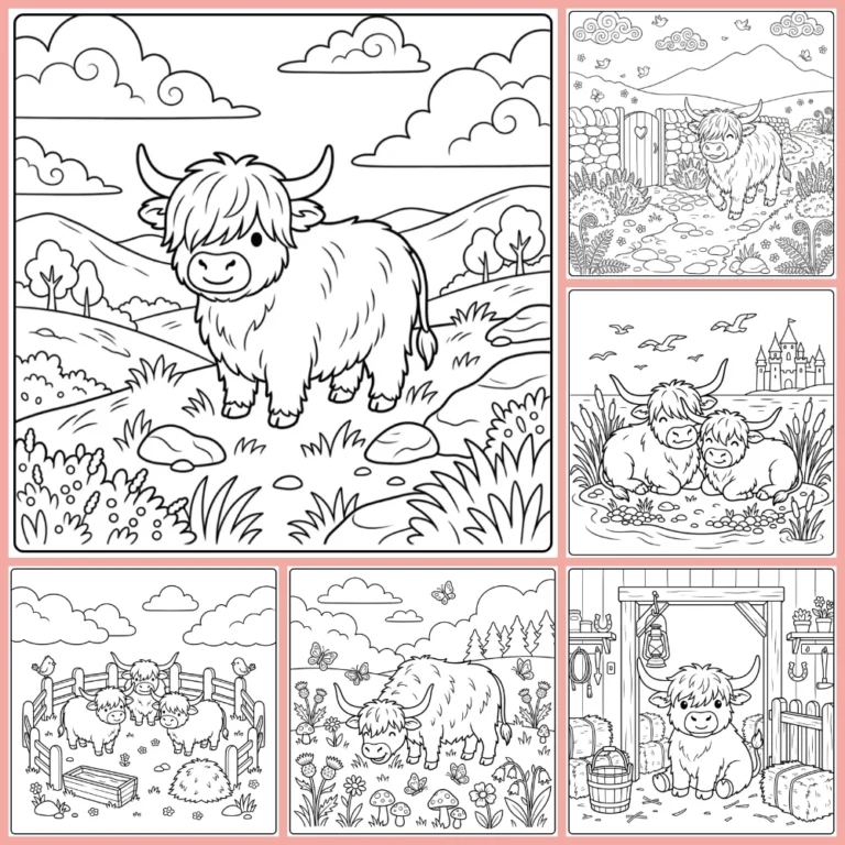 Scottish Highland cow coloring page collection cover