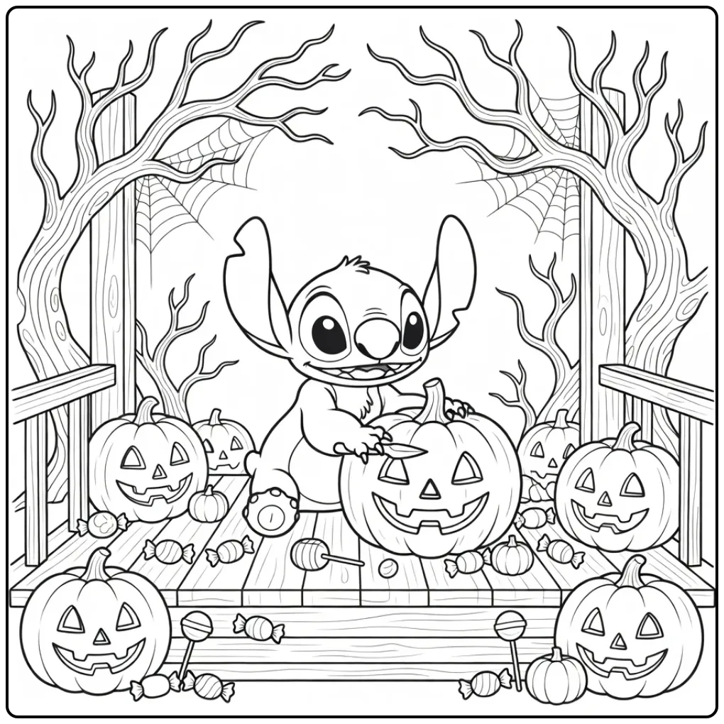 Stitch Halloween Cobwebs coloring page