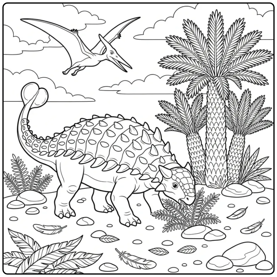 Ankylosaurus coloring page grazing near ancient plants and stones