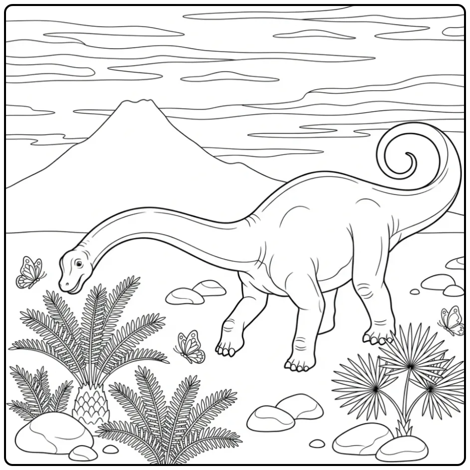 Grazing Brachiosaurus with a Volcano coloring page