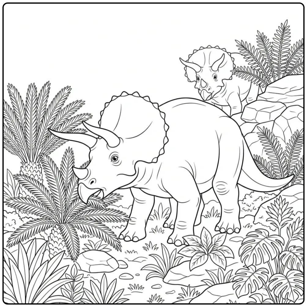 Realistic Triceratops coloring page eating ferns
