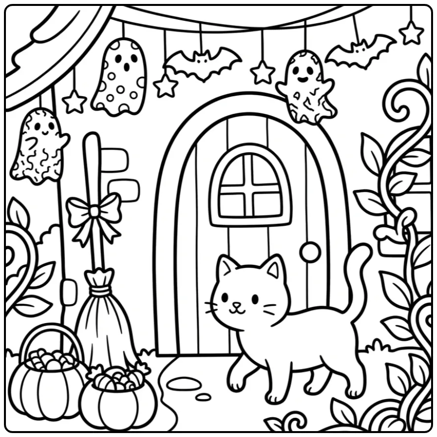 Halloween Cat Walking by a Decorated Door coloring page