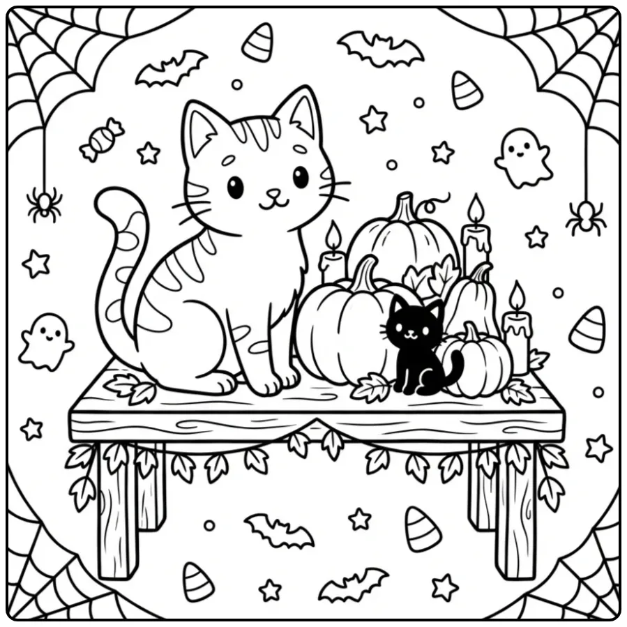Halloween Cat with Pumpkins and Cobwebs coloring page