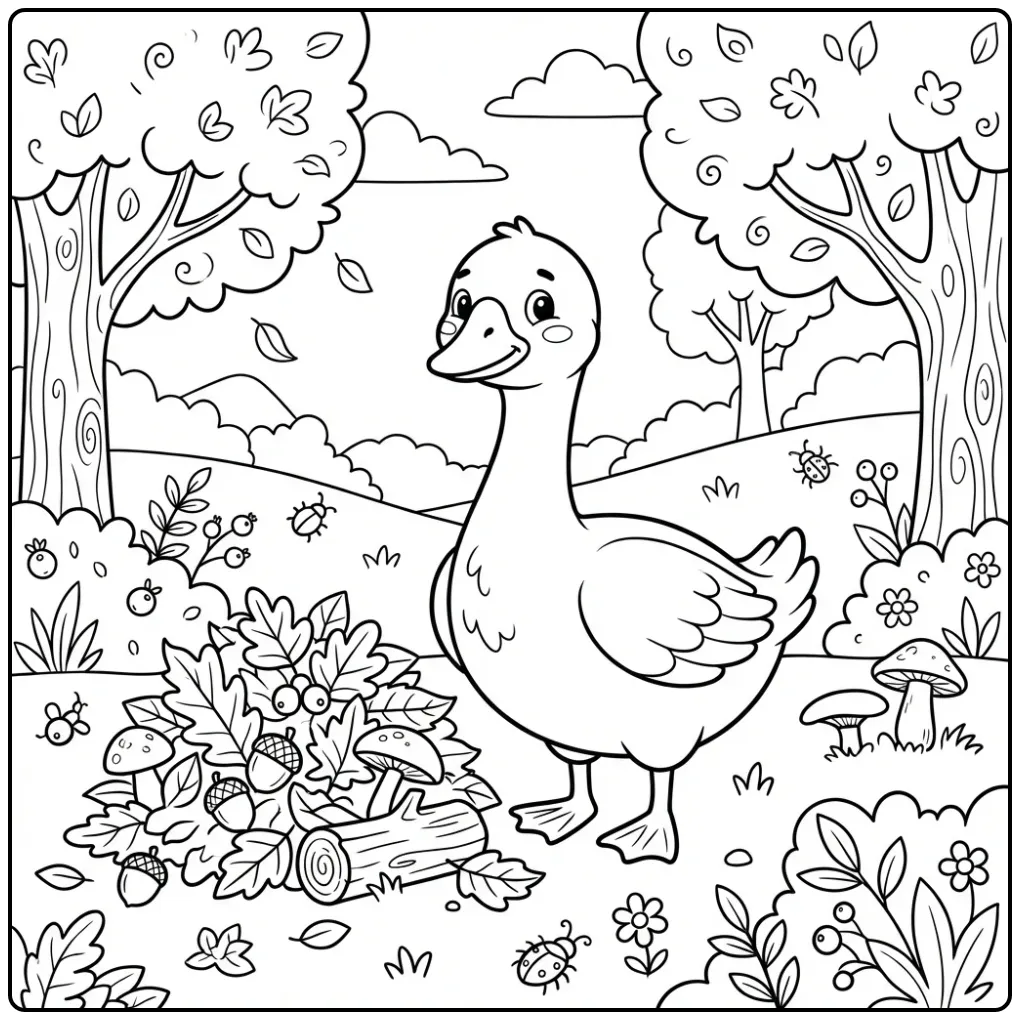 Goose coloring page by mushrooms in autumn