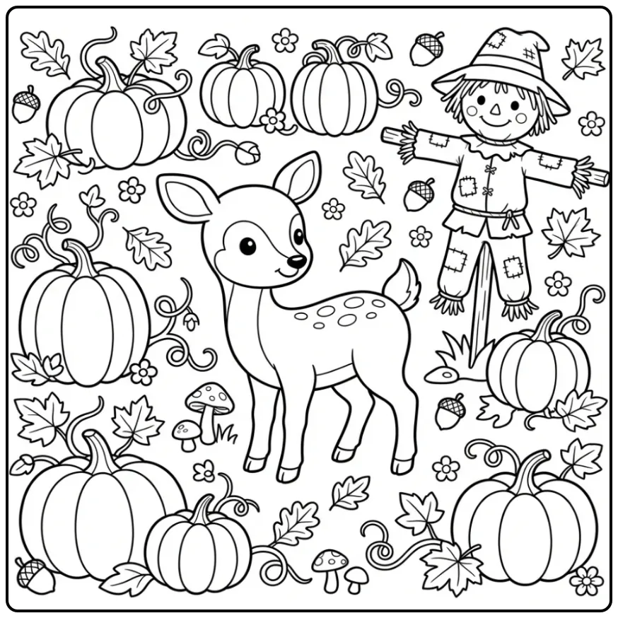 Autumn Deer with Pumpkins and Leaves coloring page