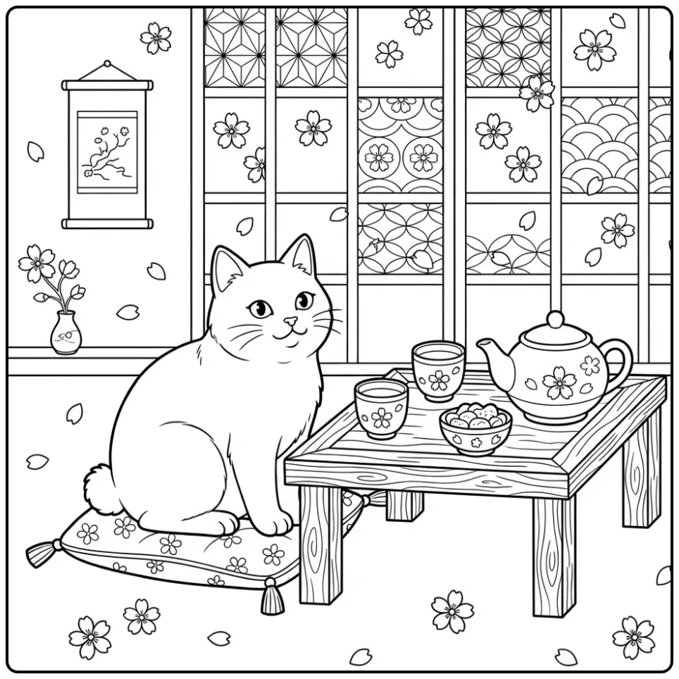 Japanese Bobtail Cat with Teapot and Cushions coloring page