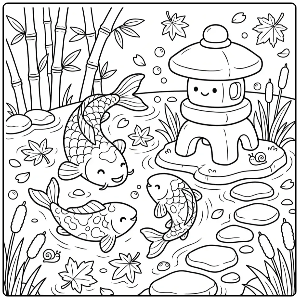 Koi Carp in a Japanese Pond with a Lantern coloring page