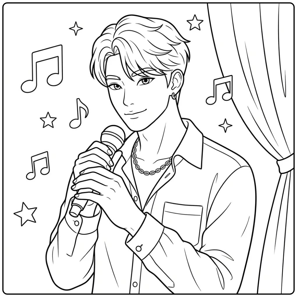 Jinu KPop Demon Hunters coloring page of a singer with a microphone