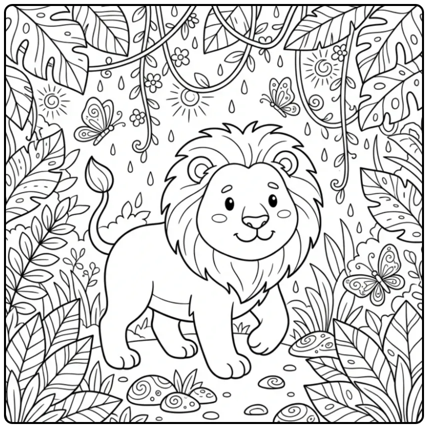 Detailed adult lion coloring page in the jungle