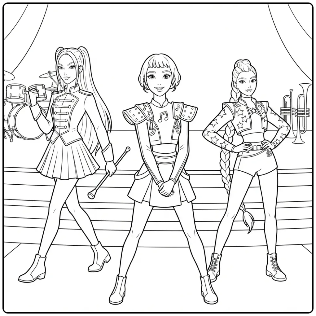 KPop Demon Hunters Three Girls on the Stage coloring page