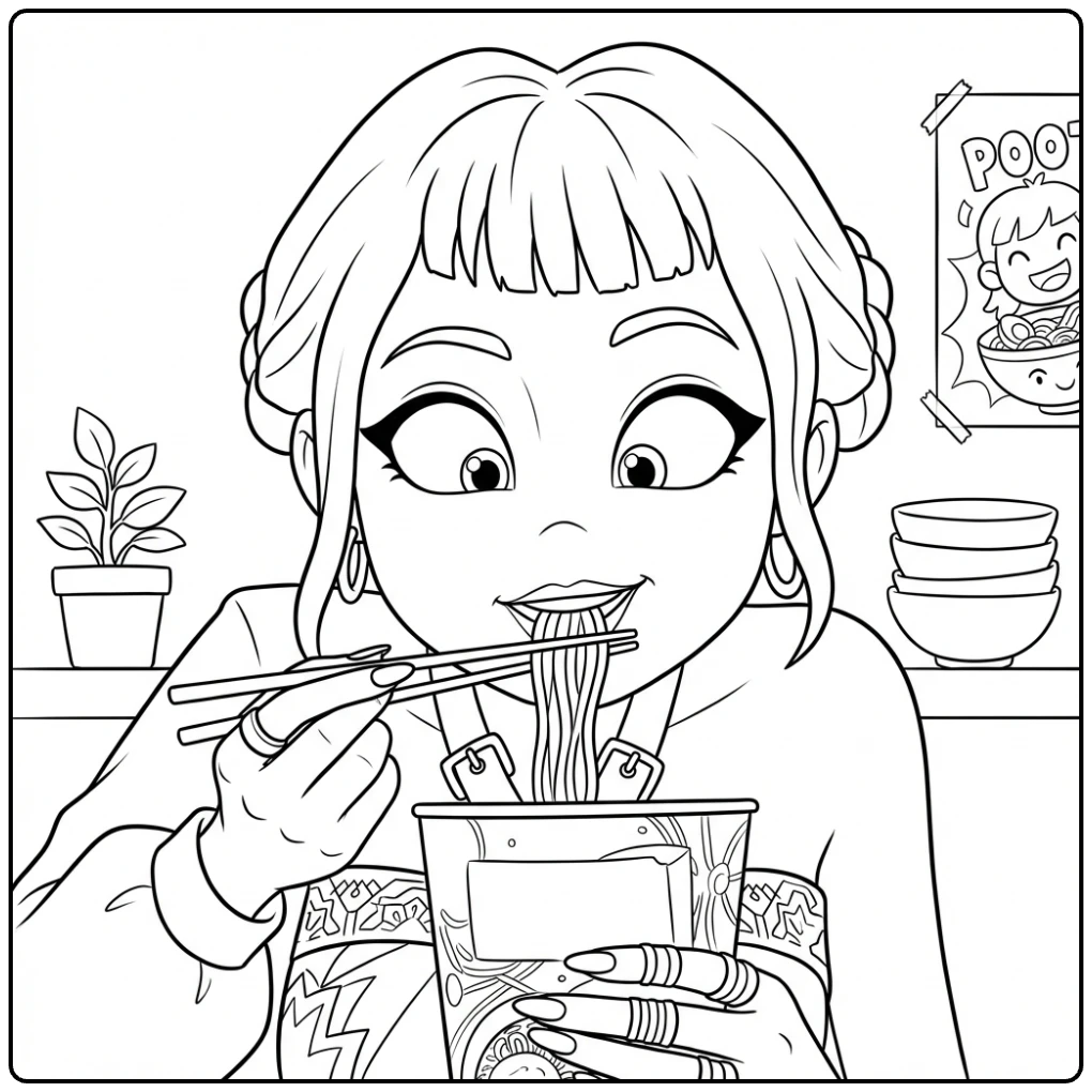 KPop Demon Hunters Zoey with Noodles coloring page