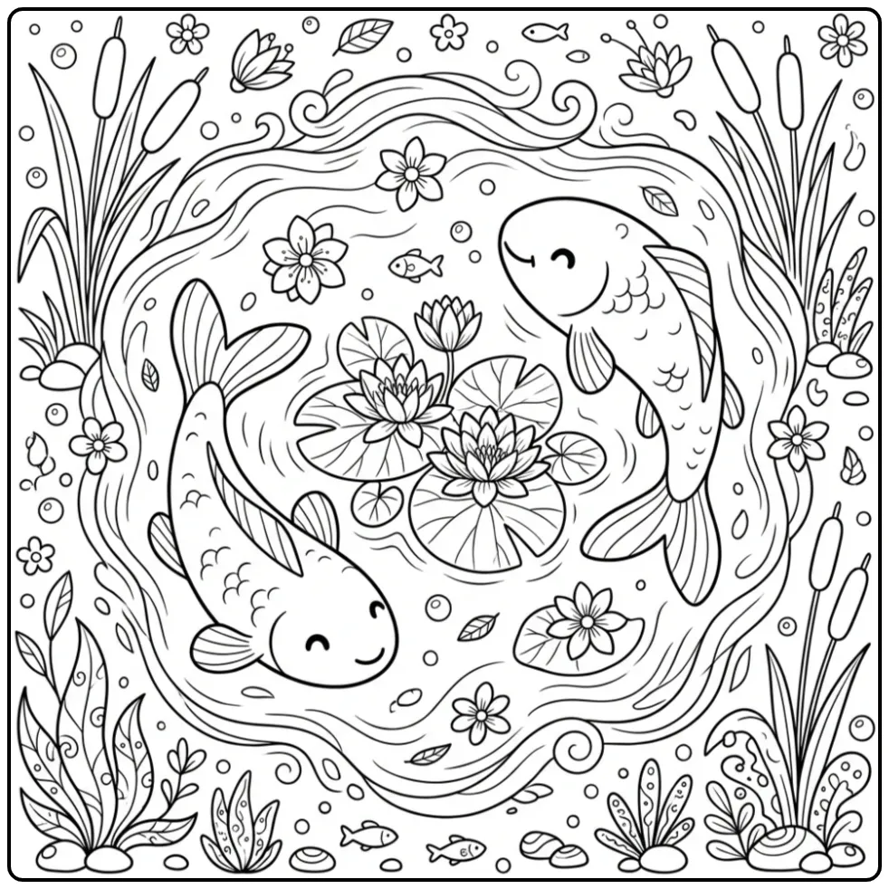 Carp Swimming with Fish and Reeds coloring page