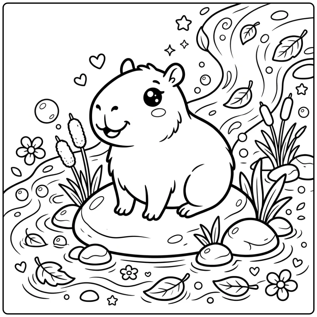 Cute capybara coloring page featuring a capybara on a rock