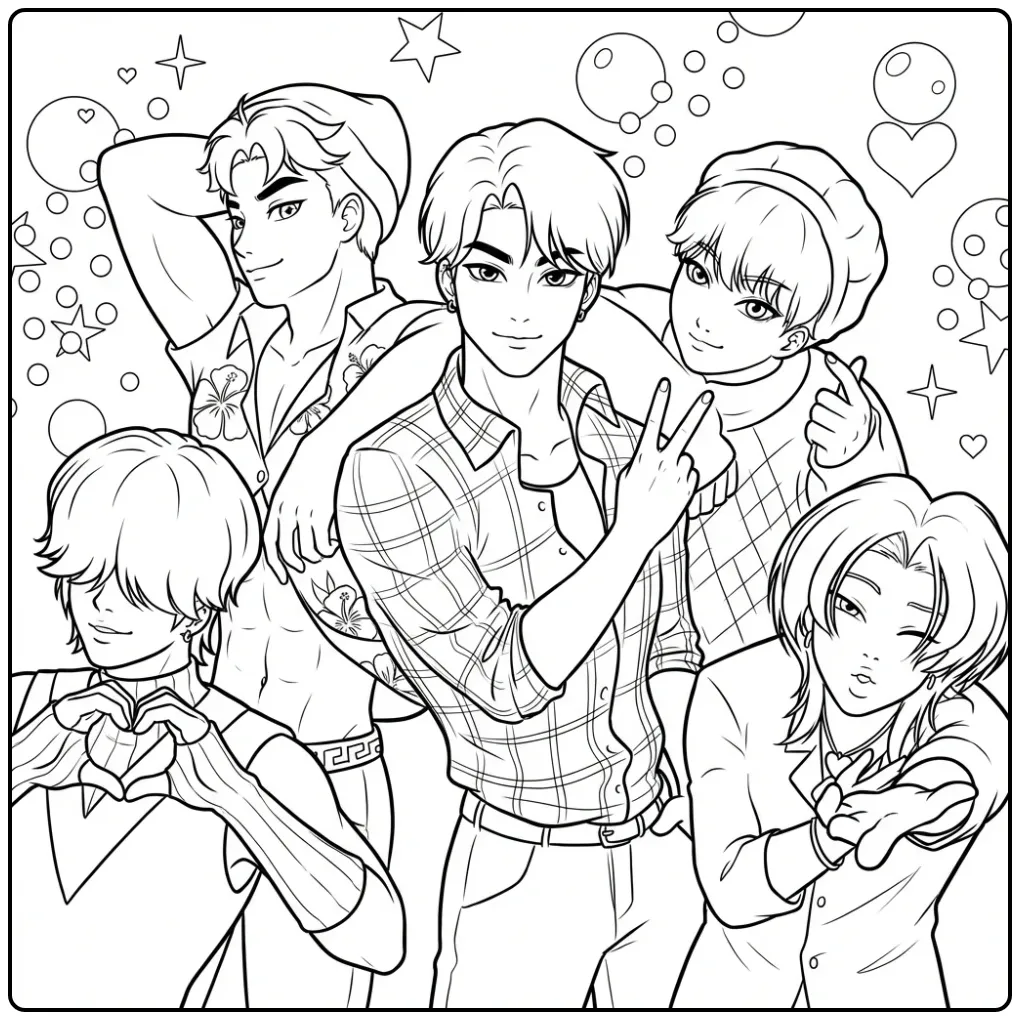 KPop Demon Hunters Saja Boys coloring page with five boys