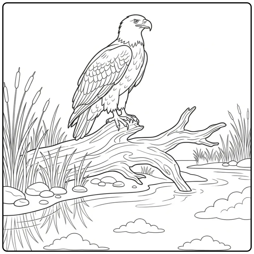 Eagle at the Waterside with Grass and Clouds coloring page