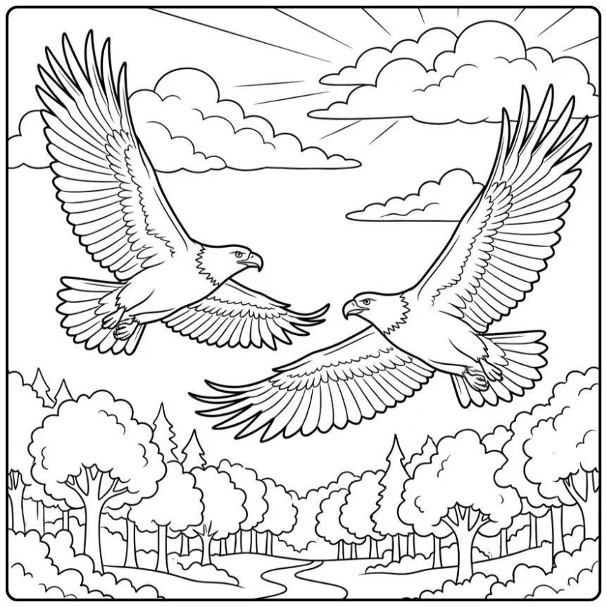 Eagle and Friend Flying in the Clouds coloring page