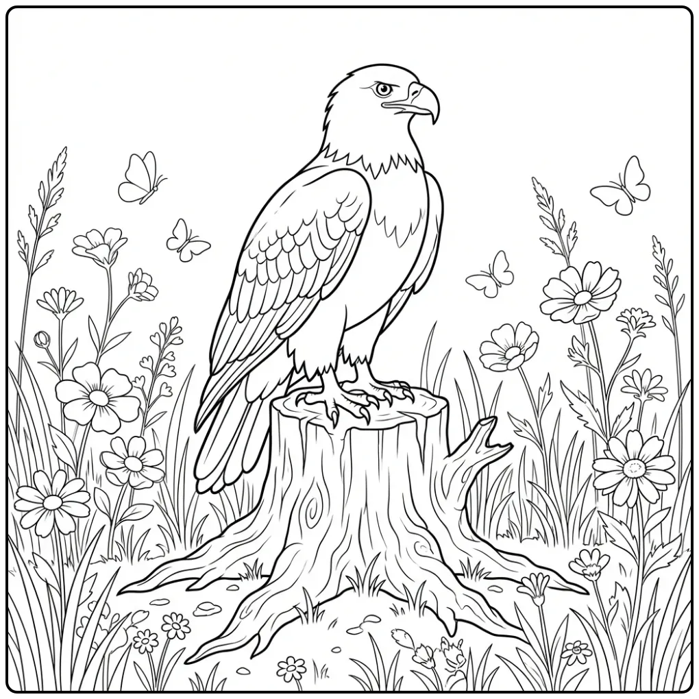 Eagle in Nature with Butterflies coloring page