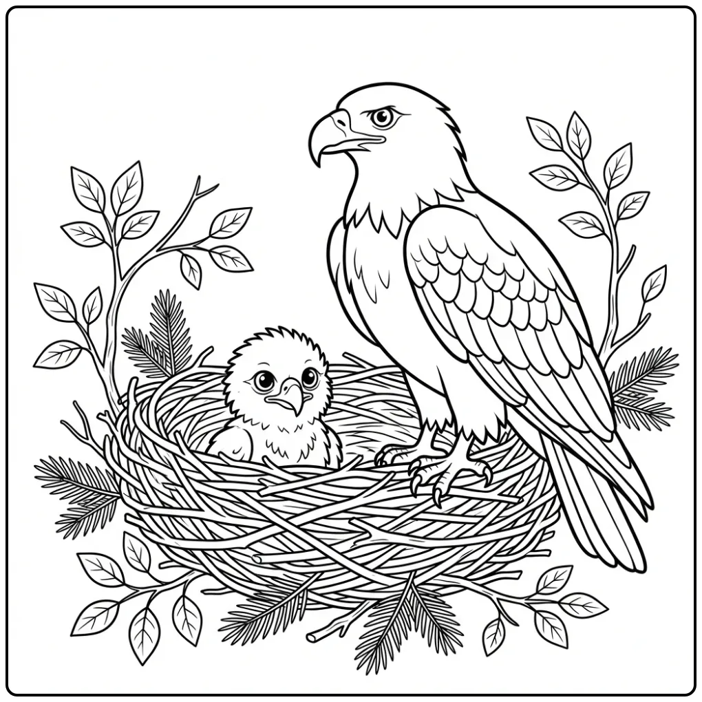 Eagle coloring page with nest and fluffy chick