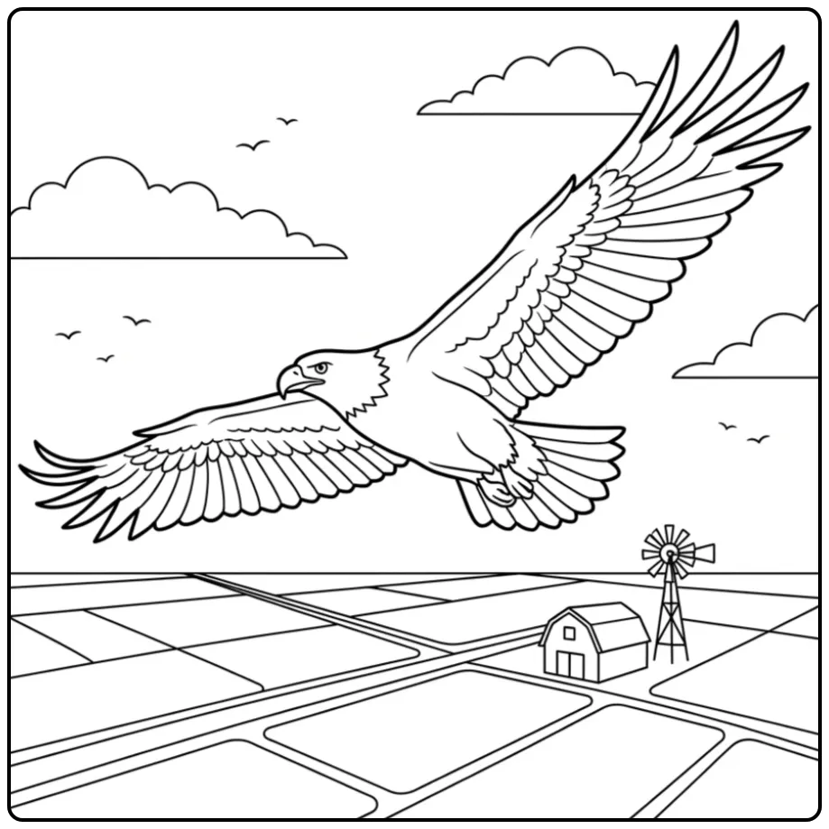 Eagle Flying Above the Countryside coloring page