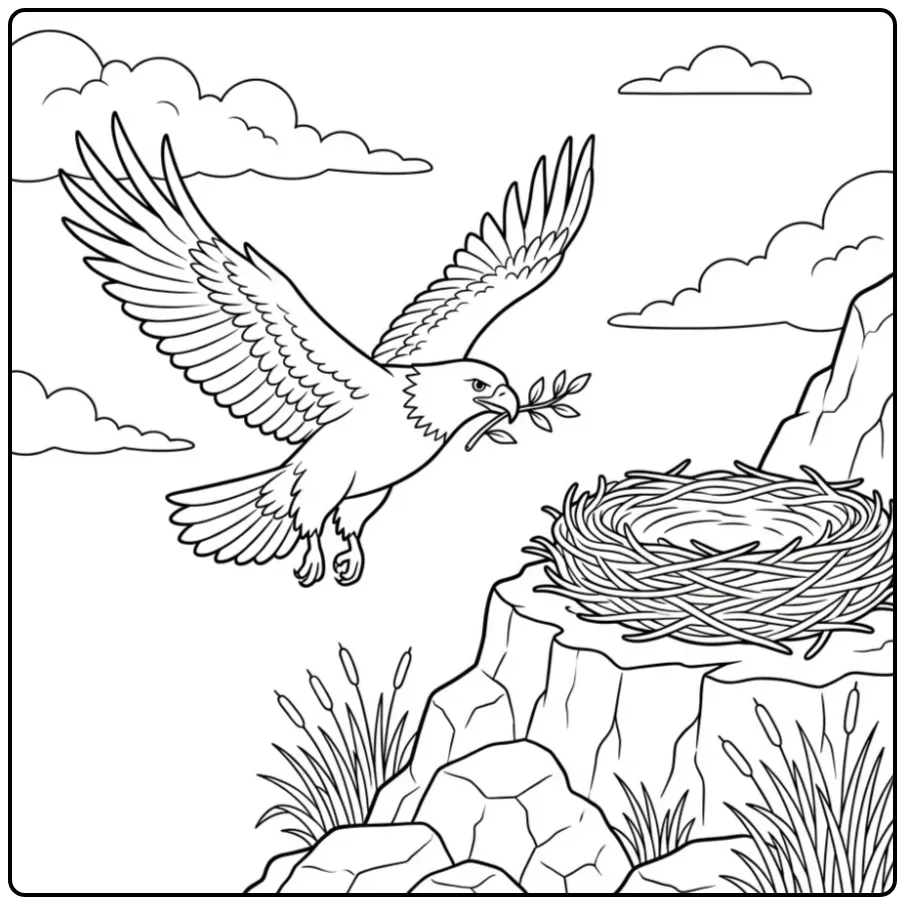 Eagle Flying with Branch Toward Nest coloring page