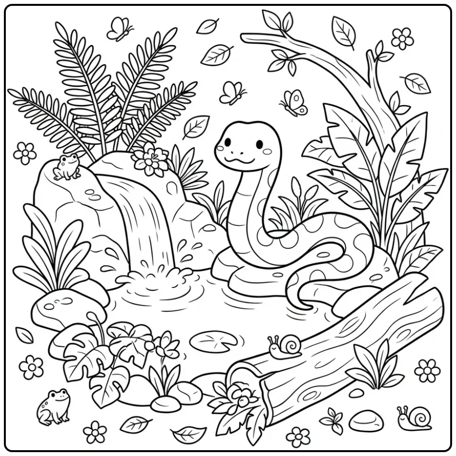 Anaconda coloring page featuring a snake beside a waterfall