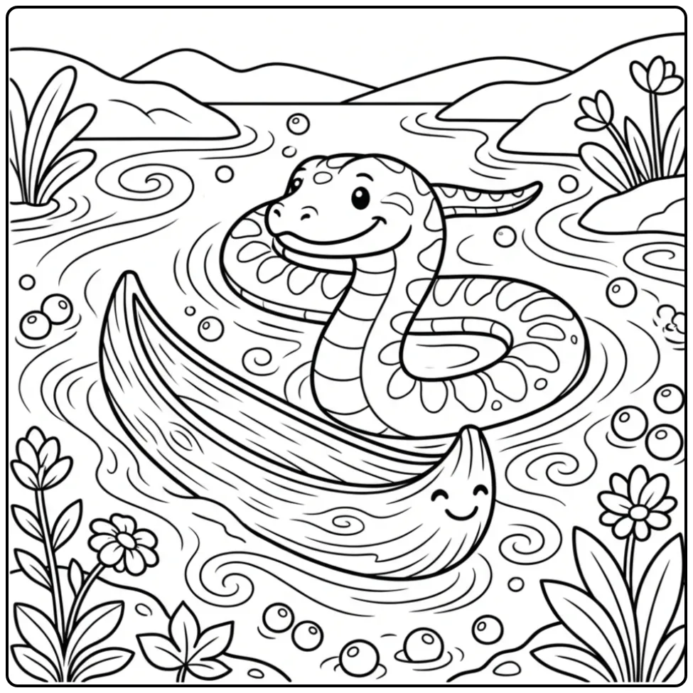 Anaconda coloring page featuring a snake beside driftwood in the water