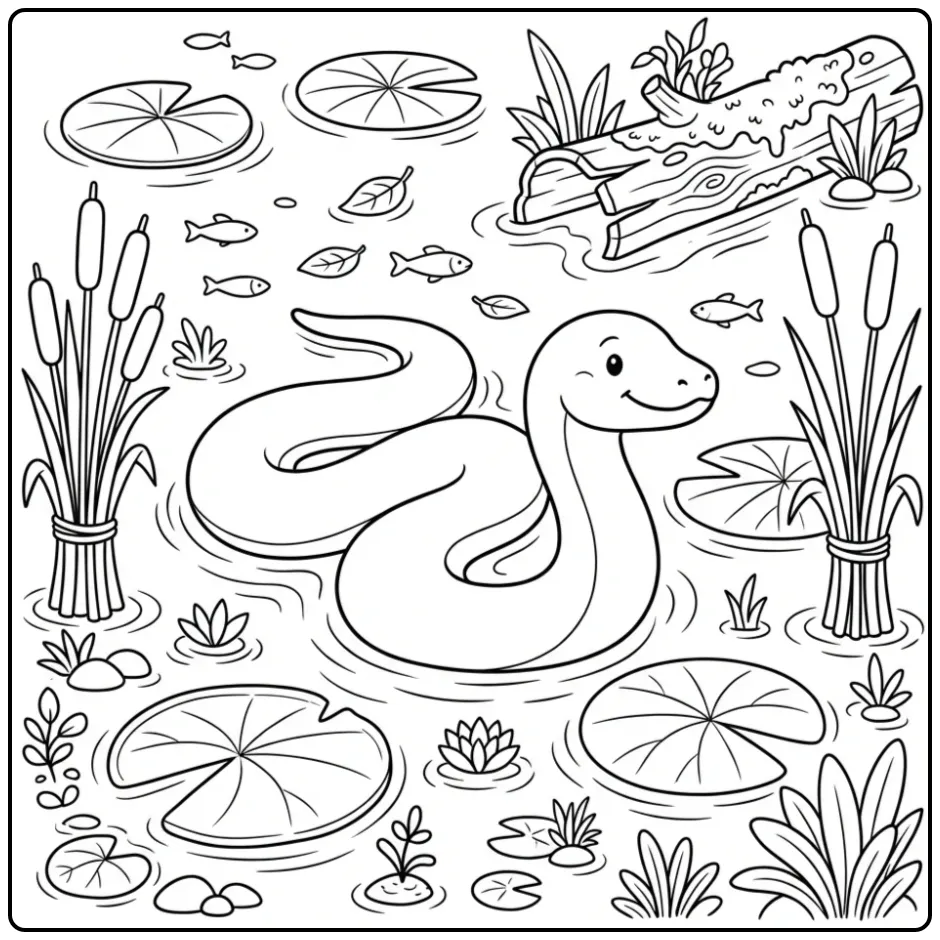 Anaconda coloring page featuring a snake among water lilies