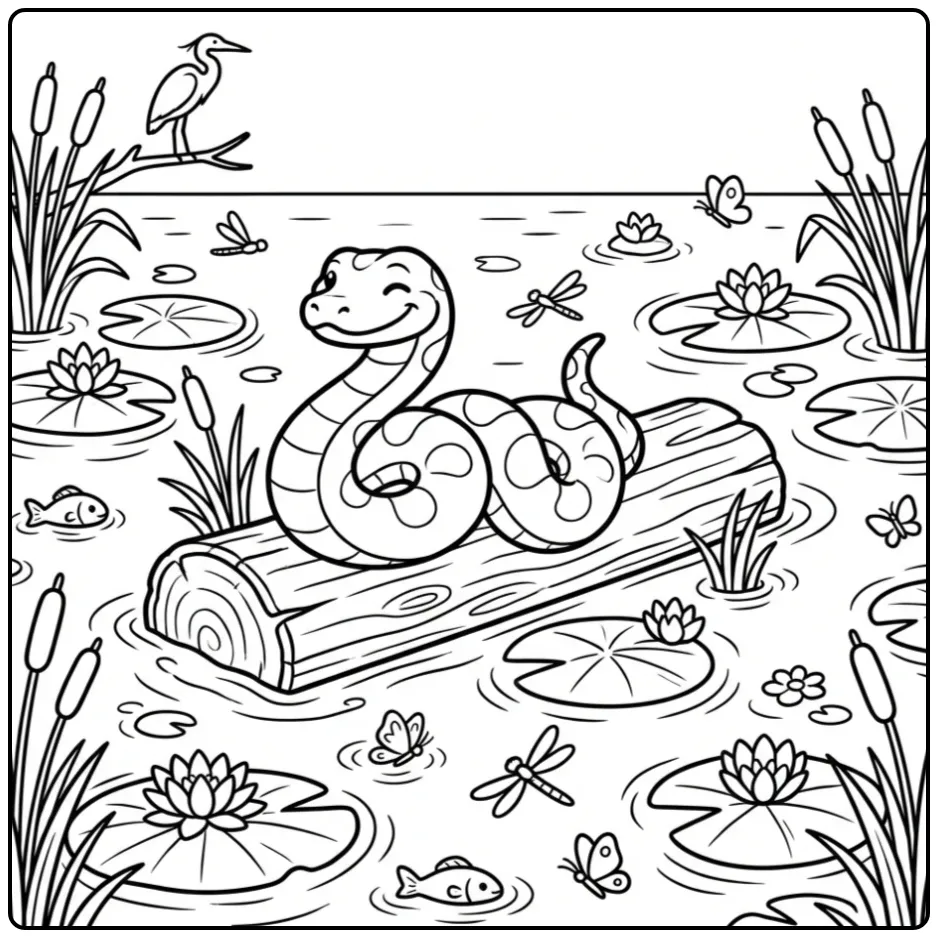 Anaconda coloring page showing a snake on a floating log