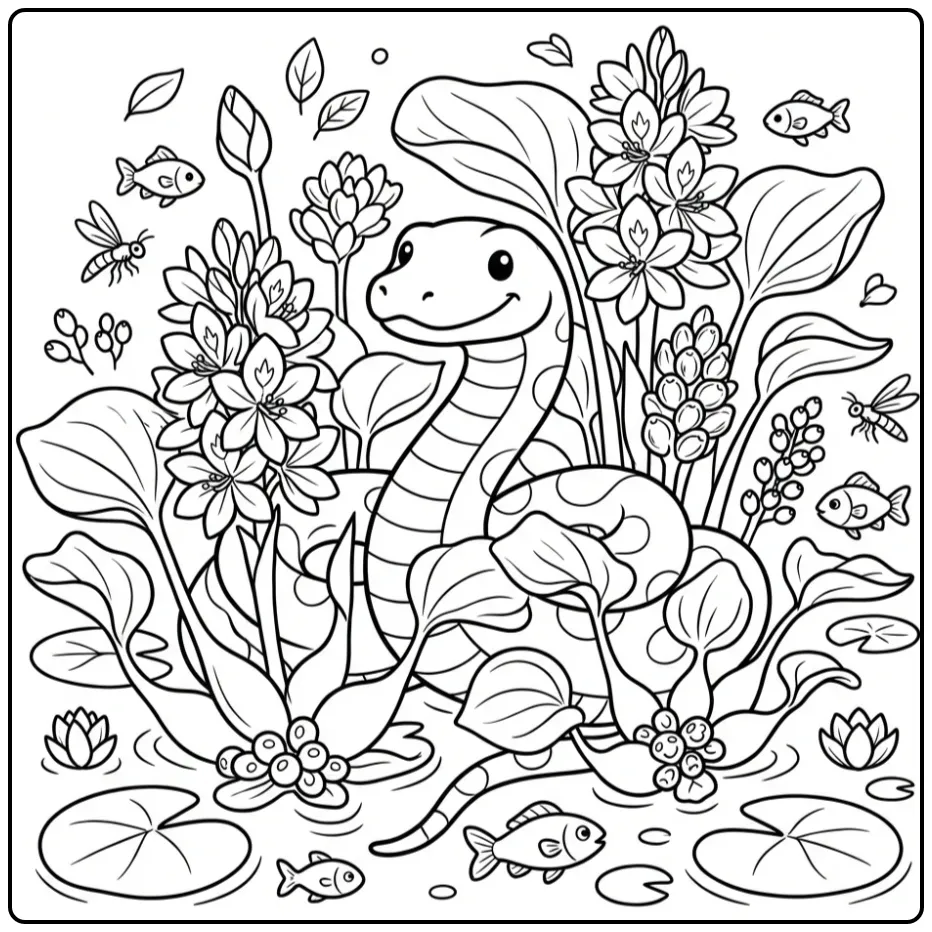 Anaconda coloring page featuring a snake among water hyacinths