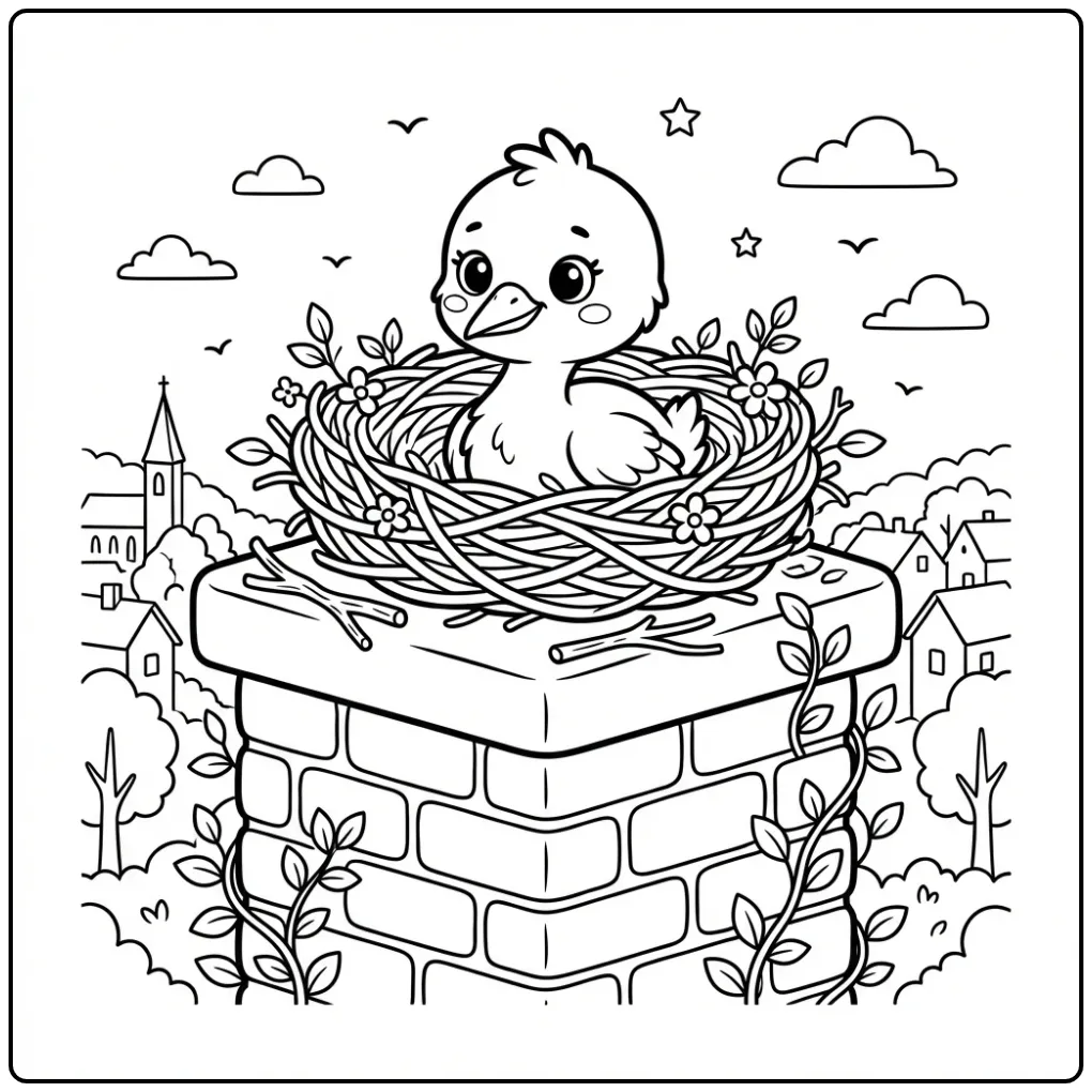 Baby Stork on a Chimney Nest coloring page