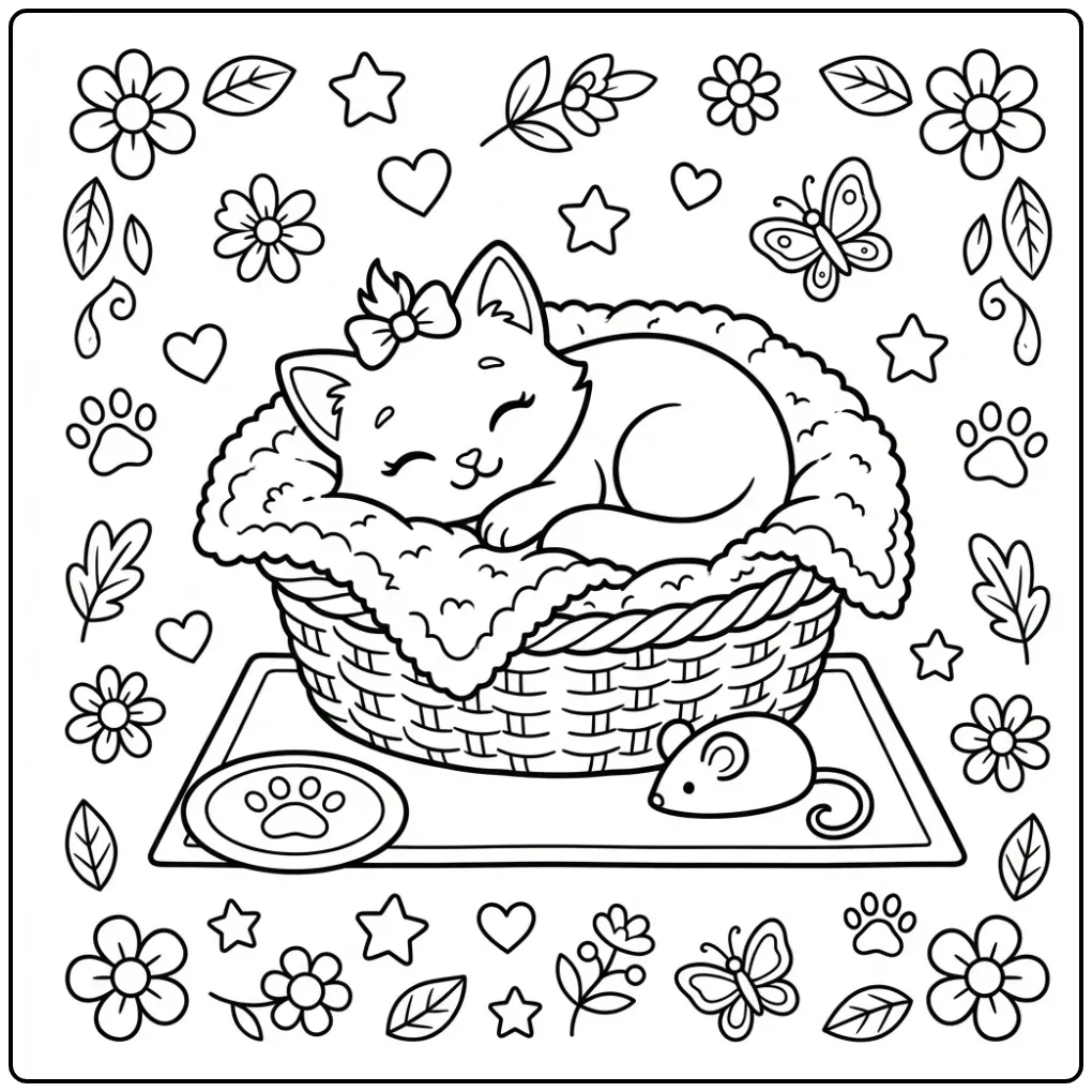 Baby Cat in a Basket with a Toy Mouse coloring page