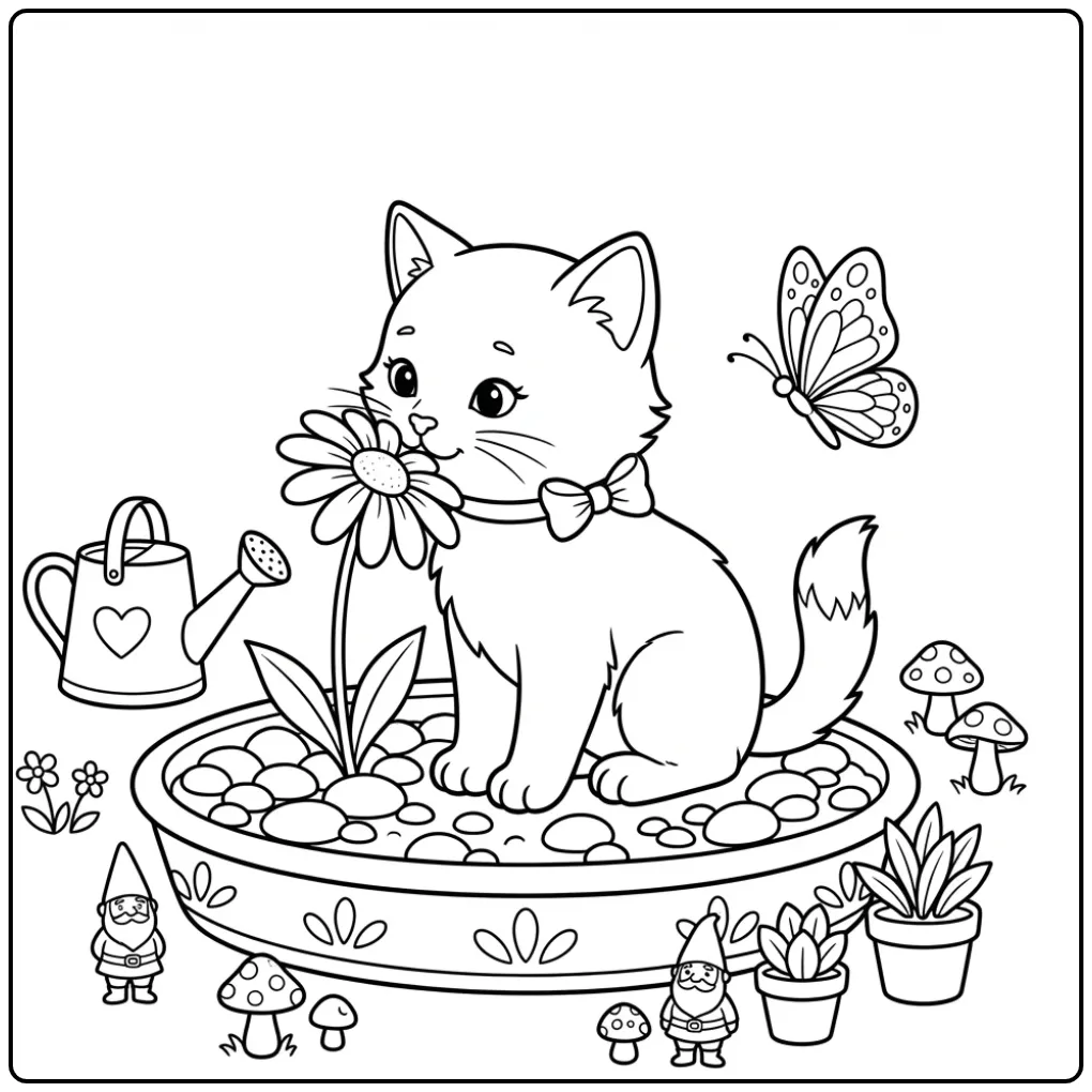 Baby Cat Smelling a Flower in the Garden coloring page