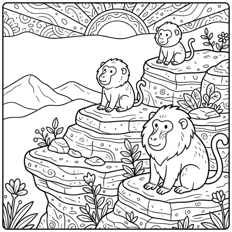 Three Baboons Watching the Sunset coloring page