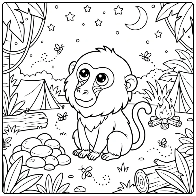 Baboon Under the Moon and Fireflies coloring page