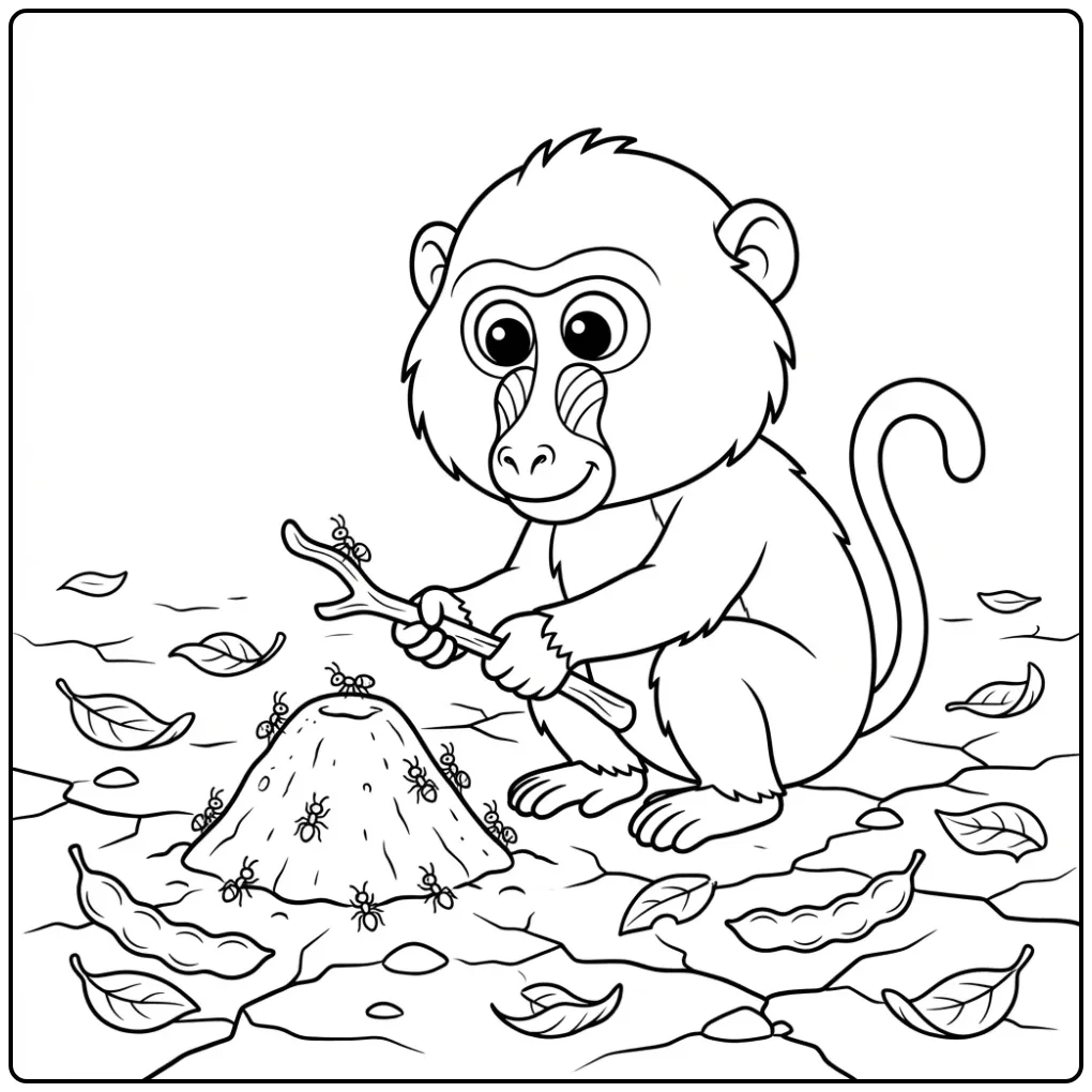 Cute baboon coloring page with a stick by an anthill