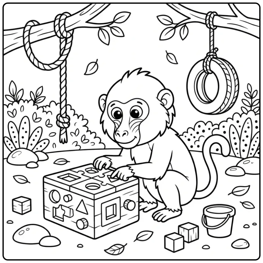 Baboon Playing with a Puzzle Box in the Zoo coloring page